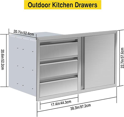 Outdoor Kitchen Drawer Combo, Stainless Steel Triple Drawers & 2 Trash Can Drawers, Enclosed Built-in Drawer Flush Mount For Outdoor Kitchens & BBQ Islands,G4