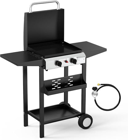 Bonnlo 20000BTU Propane Griddle with Lid and Ignition, Standing Flat Top Gas Grill with Portable Rolling Wheels and Storage Shelf, 2 Burner Camping Cooker for Patio Backyard Outdoor Cooking BBQ