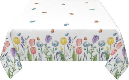 Spring Floral Tablecloth 54 x 54 Inch Square, Tulip Lavender Flower Decorative Tablecloths Stain Resistance Polyester Beautiful Flower Table Cloth for Holiday Parties Kitchen Dining Indoor Outdoor