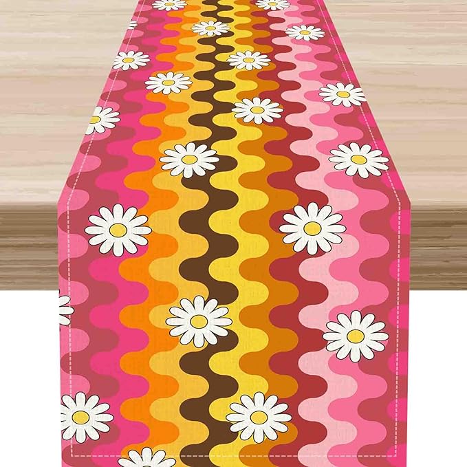 70s Table Runner, Retro Groovy Hippie Daisy Floral Pink Yellow Wave Funky Trippy Coffee Table Center Decor for Home Kitchen Dining Patio Holiday Party Indoor Outdoor Table Decorations, 13"x90" Inch