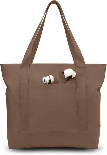 TOPDesign 6-Pack Canvas Tote Bags with an External Pocket, Reusable Grocery Shopping Bags, Top Zipper Closure, Daily Essentials (Brown)