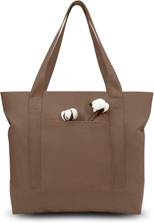 TOPDesign 1-Pack Canvas Tote Bag with an External Pocket, Reusable Grocery Shopping Bag, Top Zipper Closure, Daily Essentials (Brown)