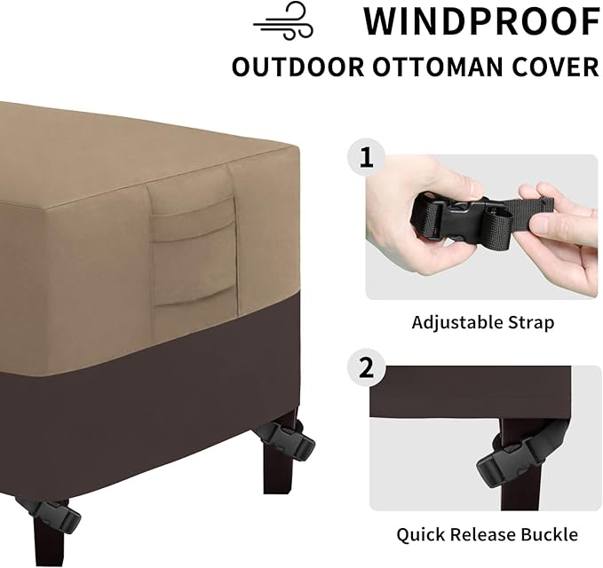 Easy-Going Outdoor Ottoman Cover, Waterproof Patio Ottoman Cover, Heavy Duty Outdoor Furniture Cover with Padded Handles (28"x28"x17", Camel/Dark Brown)