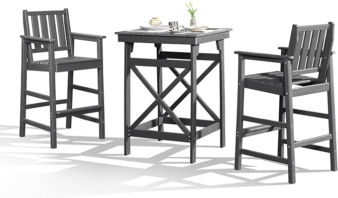 3-Piece Adirondack Chairs and Table Set, HDPE Patio Bar Sets, All Weather Outdoor Bar Stools Set, HDPE Adirondack Bar Height Chairs and Bar Table for Balcony, Pool, Porch, Smoke Gray