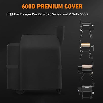 Heavy Duty Waterproof Wood Pellet Grill Smoker Cover, UV Resistant Full Length BBQ Grill Cover Compatible with BAC503 Traeger Pro 22 / Pro 575 Series, Lil' Tex Grill and More, All Weather Protection