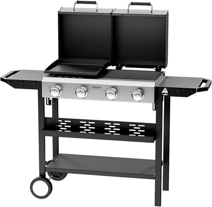 Bonnlo 2 in 1 Propane Flat Top Grill and Griddle Combo with Lid, Powerful 40,000 BTU Grills with Side Shelves & Integrated Ignition, 4 Burners Grill with Movable Wheels for Outdoor BBQ Camping Use