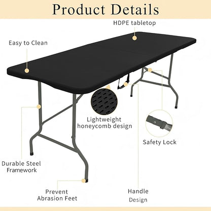 Folding Tables with Carrying Handle Lightweight Rectangular Portable Plastic Camping Table Steel Legs for Party, Dining, Wedding, Events, Picnic Indoor, Outdoor (5FT, Black)