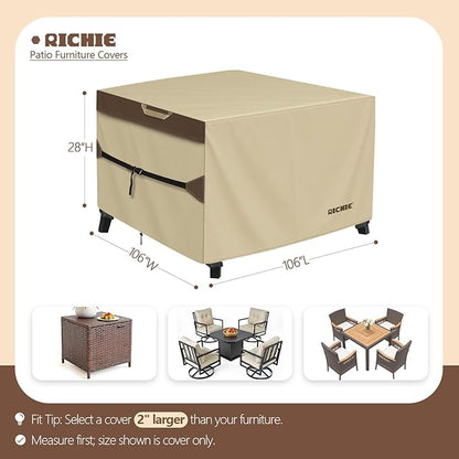 Outdoor Patio Furniture Cover - Heavy Duty Waterproof 600D Tough Canvas Protector for Square Table Cover, All-Season Dining Table and Chair Cover (106L x 106W x 28H Inch)