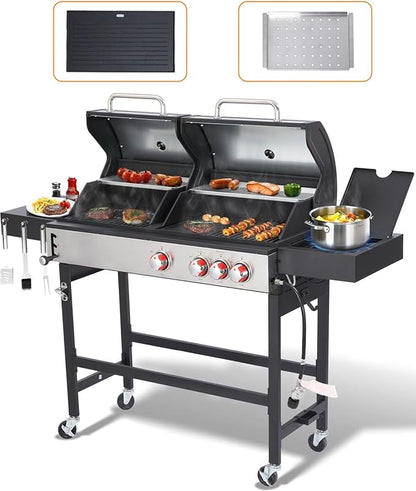 Propane Gas and Charcoal Grill Combo | Griddle Grill with Side Burner | BBQ Grills 2-in-1 | 41,500 BTU Output, 673 SQ IN Cooking Area Perfect for Outdoor Events & Backyard Barbecue