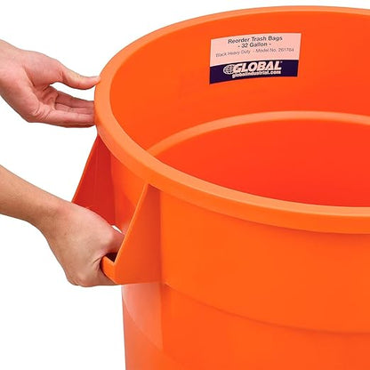 Global Industrial Commercial Round Trash Can, 32 Gallon Capacity, Plastic Garbage Can, Indoor and Outdoor Utility Trash Can, Bright Orange, 21-3/4"W x 27-1/2"H, No Lid
