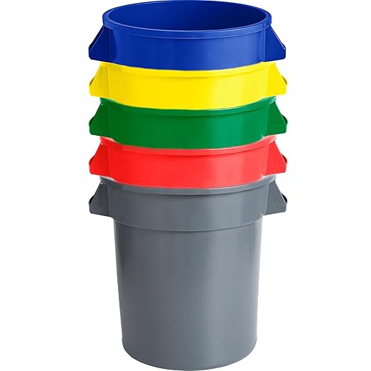 PRO&Family Commercial Round Trash Can with Lid and Dolly Rolling Waste Container, Ingredient Bin, Heavy-Duty Plastic, Anti-Static, Kitchen, Office, Outdoor Use (Black, 44 Gallon)