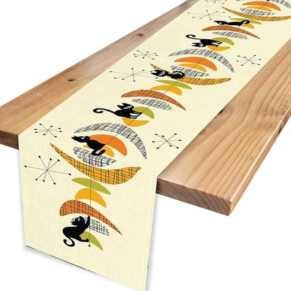 Mid Century Table Runner, Retro 1950s Black Cat Atomic Modern Abstract Coffee Table Center Decor for Home Kitchen Dining Patio Holiday Party Indoor Outdoor Table Decorations, 13"x36" Inch