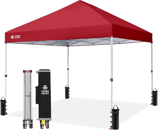 CROWN SHADES 8x8 Pop Up Canopy - Beach Tent with One Push Setup - Easy Outdoor Sun Shade for Events, Parties, Camping - Gazebo with STO-N-Go Cover Bag, Silver Coated Top, Red
