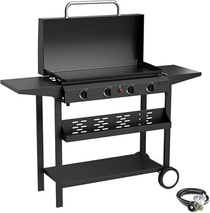 4 Burner BBQ Gas Griddle with Hood, 30 Inch Stainless Steel Portable Detachable Propane Griddle, 60,000 BTU Flat Top Grill with Side Shelves for Camping, Black