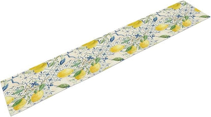 Vintage Lemon Table Runner, Watercolor Yellow Lemons Blue Tiles Spring Summer Seasonal Kitchen Dining Table Decoration for Indoor Outdoor Party, 13x90inch