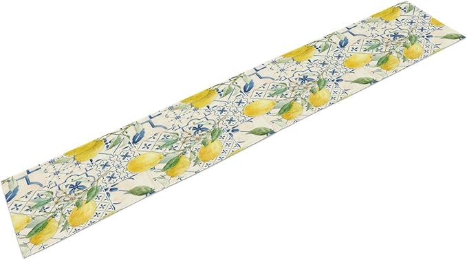 Vintage Lemon Table Runner, Watercolor Yellow Lemons Blue Tiles Spring Summer Seasonal Kitchen Dining Table Decoration for Indoor Outdoor Party, 13x108inch