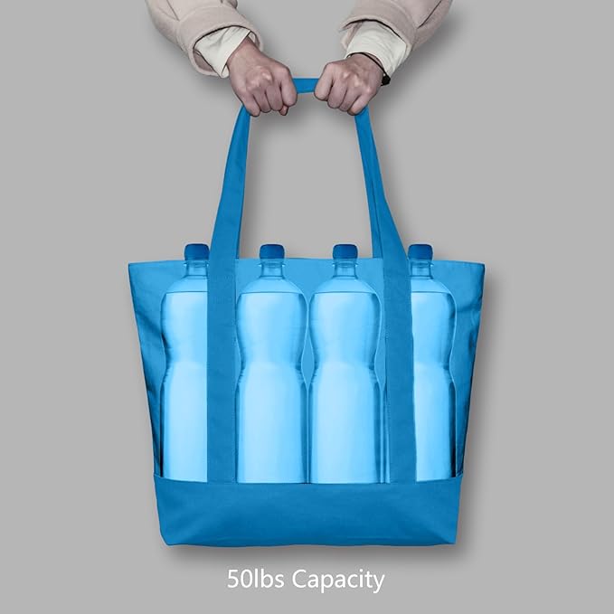 TOPDesign 6-Pack Canvas Tote Bags with an External Pocket, Reusable Grocery Shopping Bags, Top Zipper Closure, Daily Essentials (Ocean Blue)