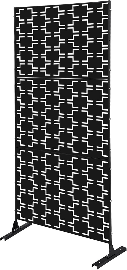 Outdoor Metal Privacy Screen with Stand, 35.4" W x 75" H Freestanding Metal Slatted Decorative Privacy Screen and Panels for Patio Garden Balcony Porch (Black Rectangular)