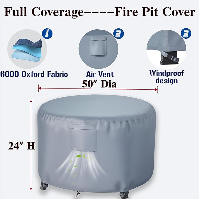 Chinchilla Heavy Duty 50 Inch Round Fire Pit Cover - 100% Waterproof & Weatherproof, Durable All-Season Protection for 48/49/50 Inch Propane Fire Pits and Tables