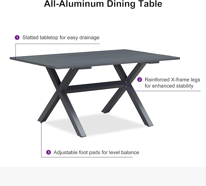 PURPLE LEAF 7 Pieces Outdoor Dining Set All Weather Wicker Patio Dining Set with Rectangular Aluminum Table and Modern Armrest Dining Chairs for Garden Deck Backyard Kitchen, Grey