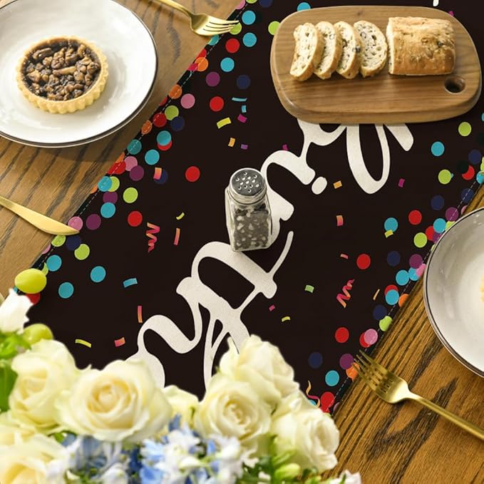 Artoid Mode Polka Dot Black Happy Birthday Table Runner, Seasonal Halloween Kitchen Dining Table Decoration for Home Party Decor 13x90 Inch
