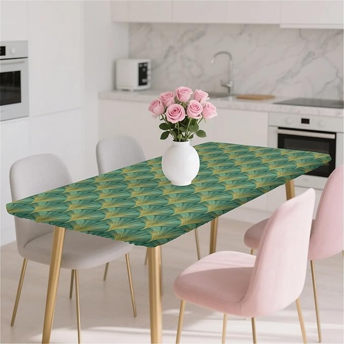 Rectangle Table Cloth Cover Waterproof Elastic Fitted Polyester Fitted Tablecloths for 4 Foot Tables for Indoor,Picnic, Camping, Outdoor （48" x 30"，Green Sector Geometry）