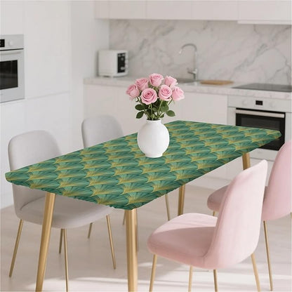 Rectangle Table Cloth Cover Waterproof Elastic Fitted Polyester Fitted Tablecloths for 4 Foot Tables for Indoor,Picnic, Camping, Outdoor （48" x 30"，Green Sector Geometry）
