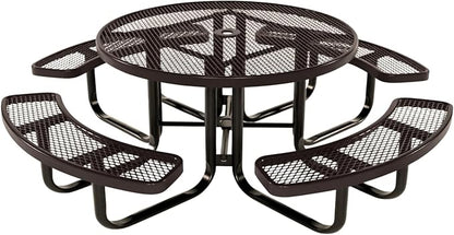 COATEDOUTDOORFURNITURE Heavy-Duty Portable Outdoor Kids Table with Umbrella Hole, Expanded Metal Kids Picnic Table, Commercial-Grade, Made in America (46 in, Round, Childrens, Brown)