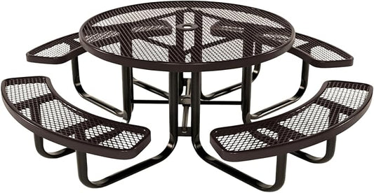 COATEDOUTDOORFURNITURE Heavy-Duty Portable Outdoor Kids Table with Umbrella Hole, Expanded Metal Kids Picnic Table, Commercial-Grade, Made in America (46 in, Round, Childrens, Brown)