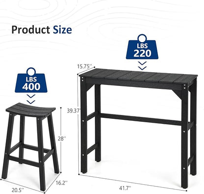 3 Piece Outdoor Bar Set, 42" Rectangular Pub Height High Top Bar Table & 2 Outdoor Bar Stools for Patio, Garden, Poolside and Bistro, Weatherproof, Black