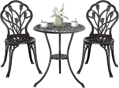 Outdoor Bistro Table and Chairs Set of 2, 3 Piece Patio Bistro Set w/Umbrella Hole, Rust-Resistant Cast Aluminum Bistro Set for Garden/Balcony/Backyard, Black