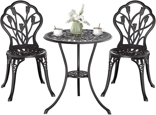 Outdoor Bistro Table and Chairs Set of 2, 3 Piece Patio Bistro Set w/Umbrella Hole, Rust-Resistant Cast Aluminum Bistro Set for Garden/Balcony/Backyard, Black