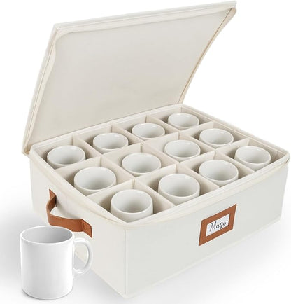 HOMELUX THEORY Coffee Mug Storage with Dividers, Ivory Hard Shell China Storage Containers, Kitchen Storage Bins With Lids, Heavy Duty Moving Box for Packing Glassware, Stemware & Glassware