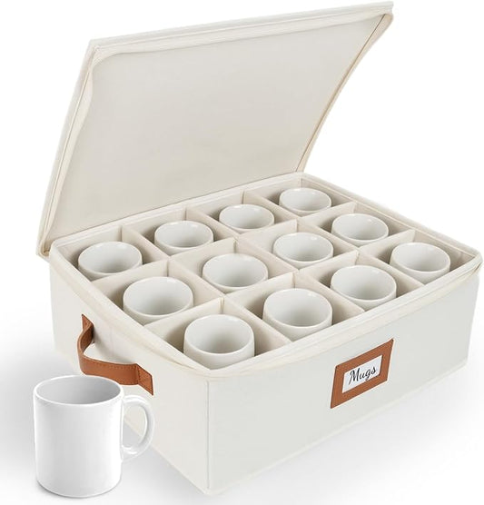 HOMELUX THEORY Coffee Mug Storage with Dividers, Ivory Hard Shell China Storage Containers, Kitchen Storage Bins With Lids, Heavy Duty Moving Box for Packing Glassware, Stemware & Glassware