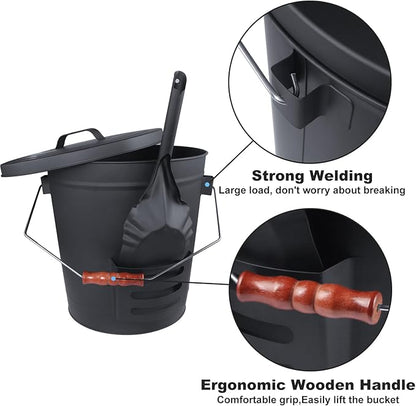 Ash Bucket with Lid and Shovel Hand Broom, 5.15 Gallon Large Galvanized Iron Metal Fireplace Tools Ash Pail for Fire Places Fire Pits Wood Burning Stoves Hearth Accessories Indoor Outdoor, Black
