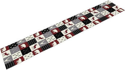 Farmhouse Bear Deer Table Runner, Retro Rustic Village Buffalo Plaid Table Runner for Coffee Table Dining Room Table Bedroom Party Holiday 13x60in