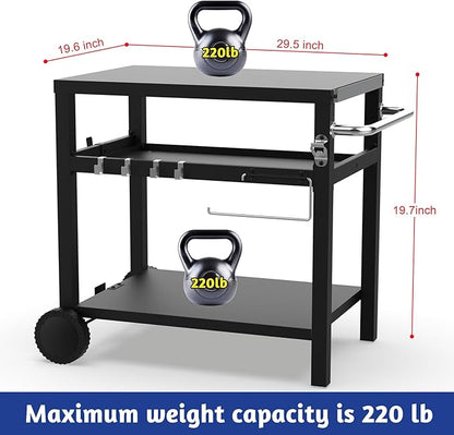 29.5''x19.6'' Outdoor Grill Cart, Pizza Oven Table Stand, 3-Shelves Food Prep Table for Ninja Woodfire, Ooni Pizza Oven, 17'' & 22'' Blackstone Griddle, Grill Stand for Picnic, Camping