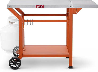Movable Grill Table with Folding Side Table, Pizza Oven Table as BBQ Food Prep Cart with Undershelf for Outdoor & Indoor Use, 43" L x 20" W Stainless Steel Tabletop, Orange