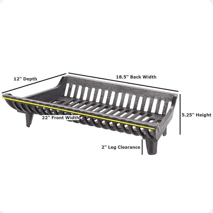 22 inch Fireplace Grate Heavy Duty, Cast Iron Fire Grate - 22" W x 12" D x 5.25" H (2" Clearance)