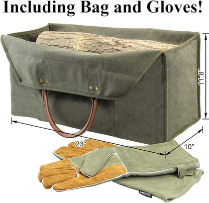 INNO STAGE Firewood Log Carrier Bag Waxed Canvas Tote Holder with Fireplace Pure Leather Gloves Set for Camping, BBQ Barbecue- Green Bag