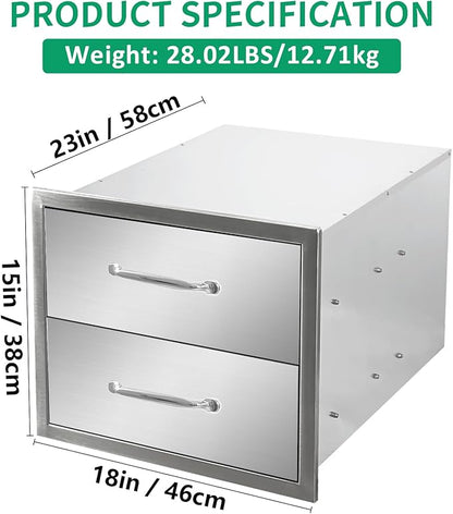 Outdoor Kitchen Drawers 18" W x 15" H x 23" D Stainless Steel Double Drawers with Ergonomic Handle for BBQ Island, Patio Grill Station & Outdoor Kitchen Cabinets
