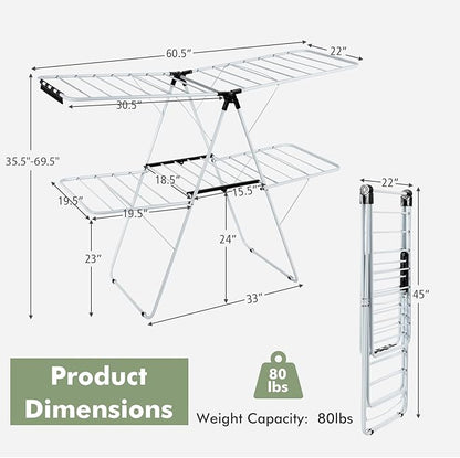 GOFLAME 2-Tier Clothes Drying Rack, Folding Laundry Dry Rack with Adjustable Supporting Bar, 26 Premium Clips, Space-Saving & Collapsible Laundry Hanger for Easy Storage, No Assembly Needed