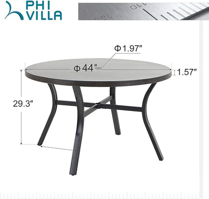 PHI VILLA 44 Inch Large Metal Round Table for 4, Wood-Like Top Patio Table with Umbrella Hole, Large Modern Furniture for Deck, Porch, Yard - Black