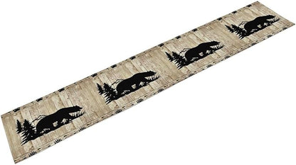 Bear Table Runner, Wild Animals Rustic Cabin Forest Bear Print Wooden Board Table Runner for Dining Kitchen Home 13x70in