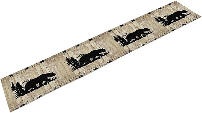 Bear Table Runner, Wild Animals Rustic Cabin Forest Bear Print Wooden Board Table Runner for Dining Kitchen Home 13x108in