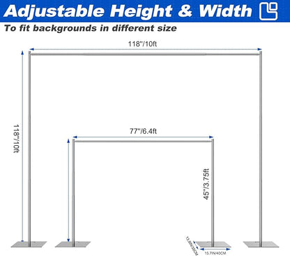 Pipe and Drape Backdrop Stand 10ftx10ft Adjustable Background Support System Heavy Duty Background Stand for Wedding Banquet Decorations Silvery