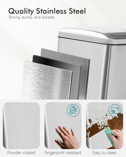 8 Gallon SquareTrash Can with Soft Close Lid, Stainless Steel Trash Can with Removal Inner Bucket, Hand -Free Trash Bin for Kitchen, Office, Laundry, Bathroom, 30 Liter Capacity, Silver