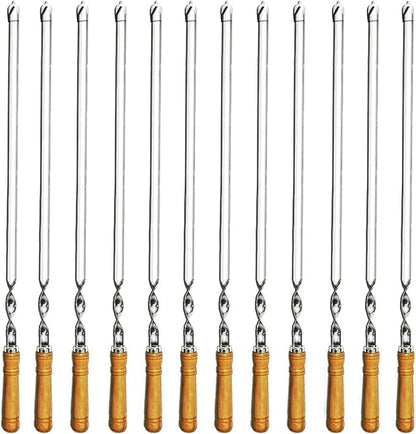 12 Pack Kabob Skewers BBQ Barbecue Skewers Stainless Steel Sticks 22 Inch Heavy Duty Large Wide Reusable with Nonslip Wooden Handle Ideal for Shish Kebab Chicken Shrimp and Vegetables