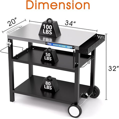 34" L x 20" W Stainless Steel Outdoor Grill Table, Grill Cart for Outside, Pizza Oven Table Stand with Magnetic Tool Holder, Wheels,Hooks, Side Tray &Handle