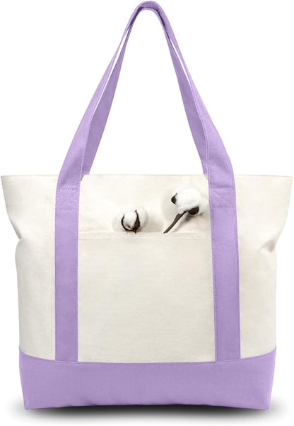 TOPDesign 3-Pack Canvas Tote Bags with an External Pocket, Reusable Grocery Shopping Bags, Top Zipper Closure, Daily Essentials (Lavender/Natural)